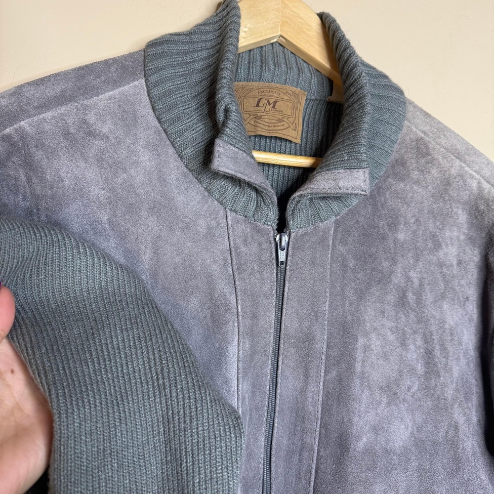 Suede Gray Knit Bomber Jacket Zipper Pockets Ribbed Collar Size XL - Picture 3 of 6